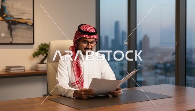 رجل أعمال سعودي يراجع ملفات في مكتب حديث