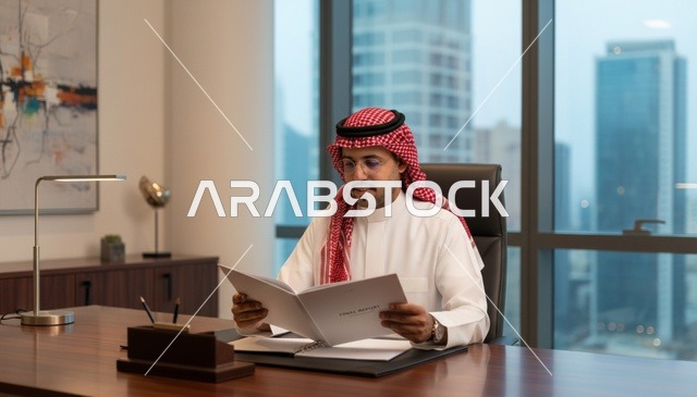 رجل أعمال سعودي يقرأ مستنداً في مكتب حديث