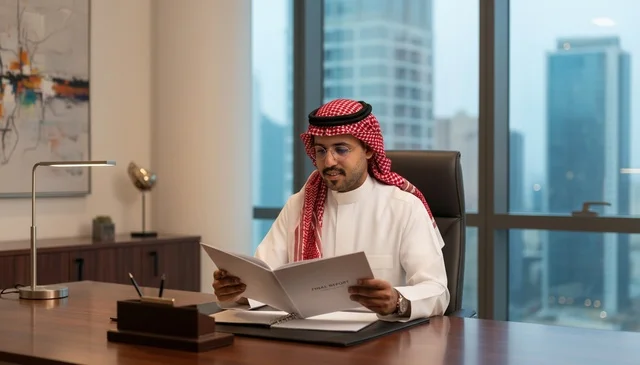 رجل أعمال سعودي يقرأ مستنداً في مكتب حديث