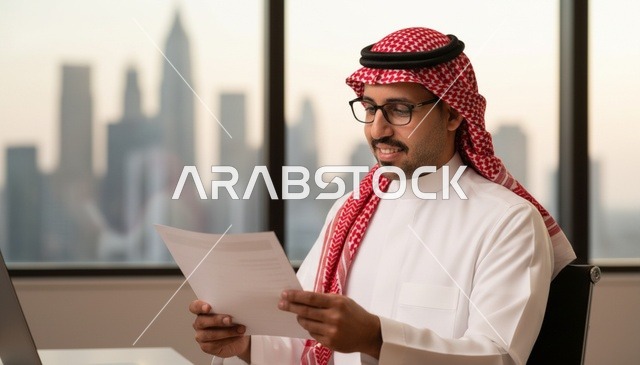 رجل أعمال سعودي يقرأ وثيقة في مكتبه