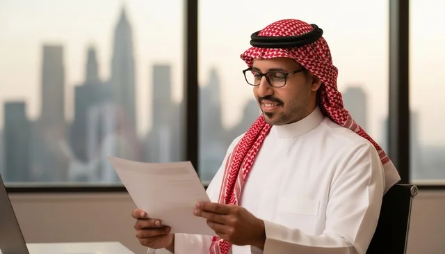 Saudi Businessman Reading Document in City Office