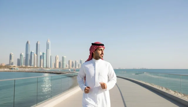 Saudi Man Jogging on Dubai Marina Waterfront Boardwalk