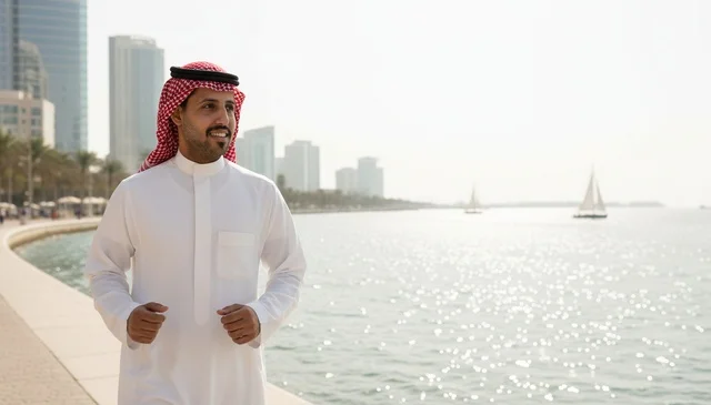 Saudi Man Walking on Waterfront City Promenade