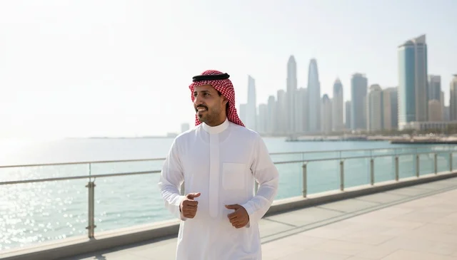 Saudi Man Walking on Dubai Waterfront Promenade