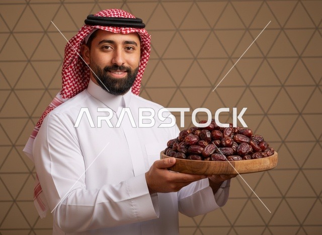 رجل سعودي يحمل طبق تمر تقليدي