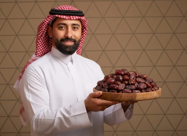 Saudi Man Holding Traditional Dates Tray