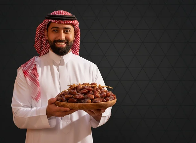 Saudi Man in Traditional Thobe Holding Dates Platter