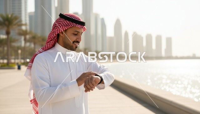 رجل سعودي يتفقد ساعته الذكية على الكورنيش