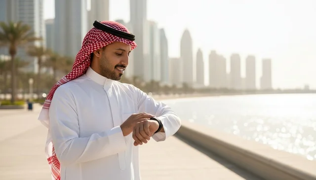 رجل سعودي يتفقد ساعته الذكية على الكورنيش