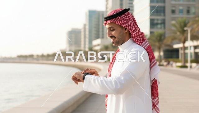 رجل سعودي يتفقد ساعته الذكية في الواجهة البحرية للمدينة