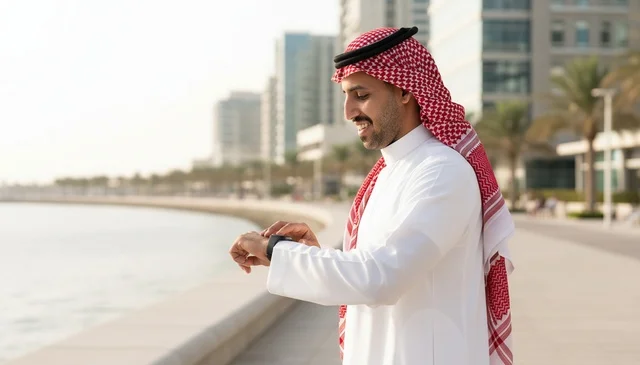 Saudi Man Checking Smartwatch at Waterfront City Skyline