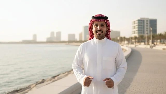 Saudi Man in Traditional Thobe at Coastal Promenade