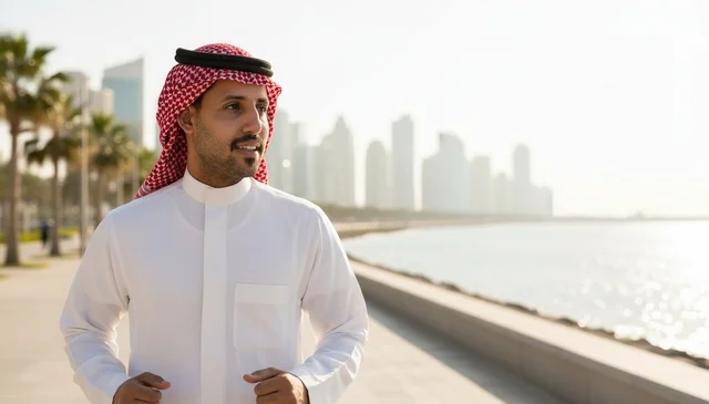 رجل سعودي يرتدي الثوب التقليدي يركض على الكورنيش