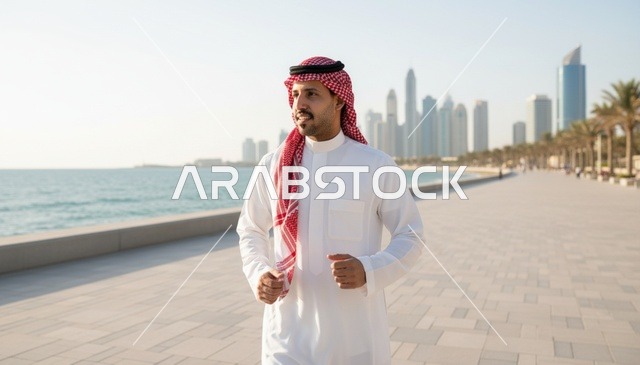 رجل سعودي يمشي على الكورنيش مع خلفية أفق المدينة