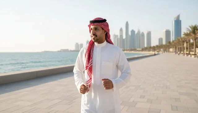 رجل سعودي يمشي على الكورنيش مع خلفية أفق المدينة