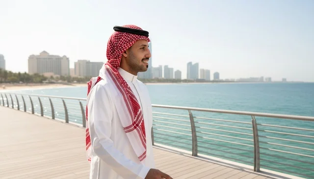 رجل سعودي بالزي التقليدي على ممشى ساحلي