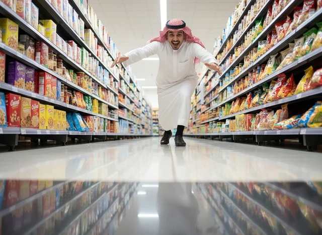 رجل سعودي ينزلق في ممر السوبر ماركت