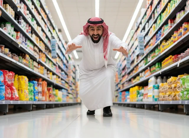 رجل سعودي يركض في ممر السوبر ماركت