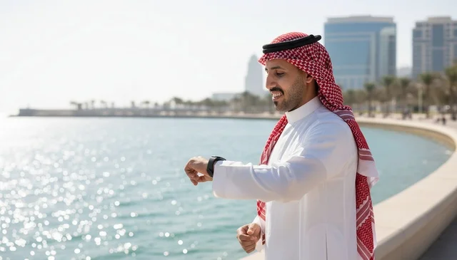 رجل سعودي مع ساعة ذكية على الكورنيش البحري