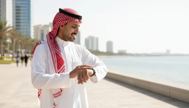 Saudi Man in Traditional Clothing Using Smartwatch