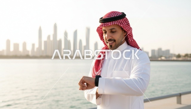 رجل سعودي مع ساعة ذكية في دبي مارينا