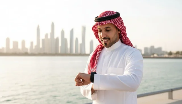 Saudi Man with Smartwatch at Dubai Marina Skyline