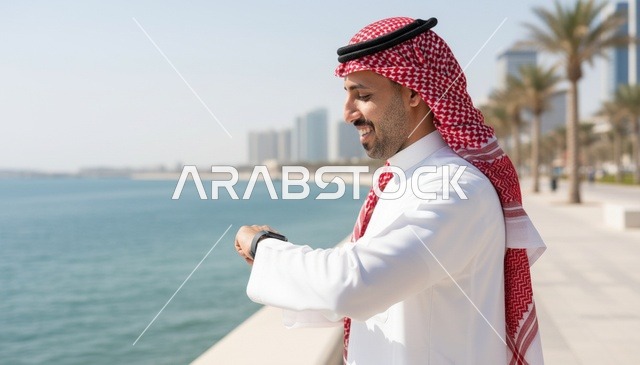 رجل سعودي يتفقد ساعته الذكية على الواجهة البحرية