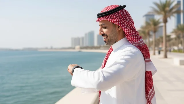 رجل سعودي يتفقد ساعته الذكية على الواجهة البحرية