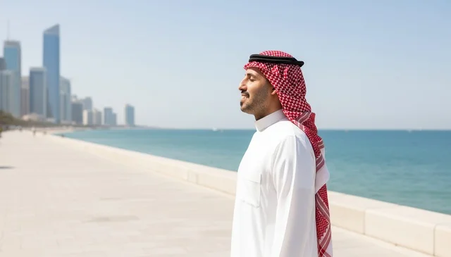 Saudi Man in Traditional Thobe at Coastal City Skyline