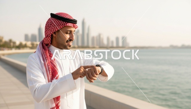 رجل سعودي يستخدم ساعة ذكية على واجهة بحرية
