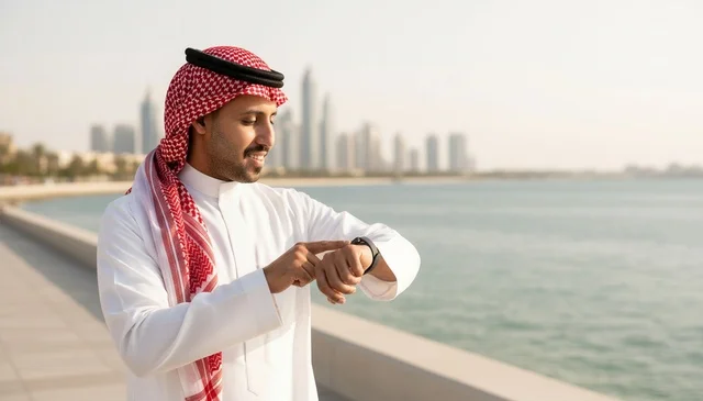 Saudi Man with Smartwatch on City Waterfront