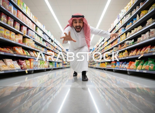 رجل سعودي يركض بحماس في ممر السوبر ماركت