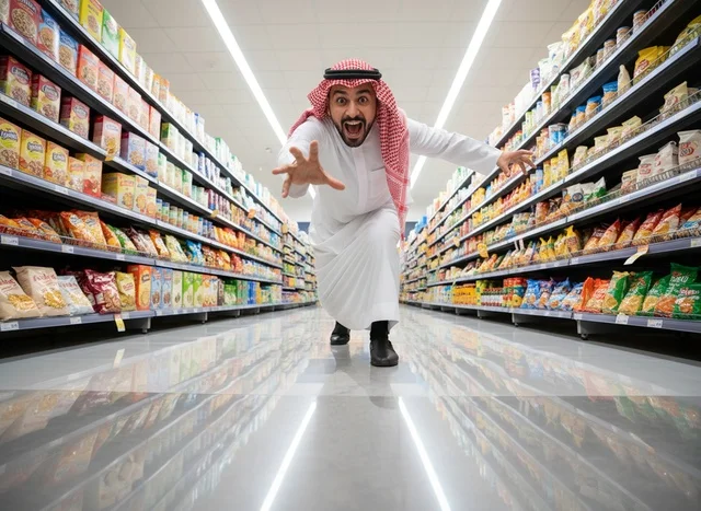 Excited Saudi Man Running in Supermarket Aisle