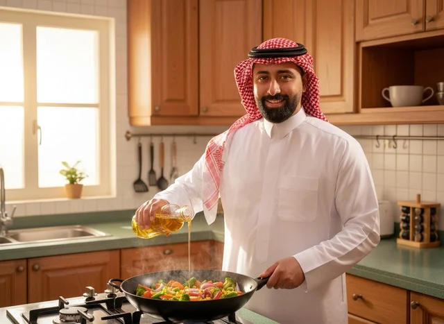 رجل سعودي يطهو خضروات صحية في المطبخ