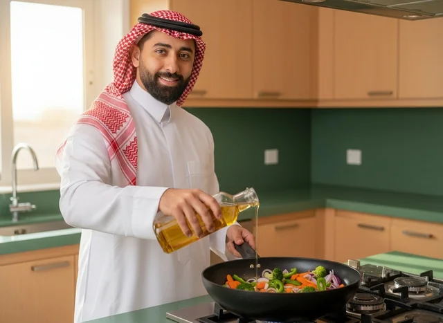 رجل سعودي بالثوب التقليدي يطبخ في مطبخ عصري