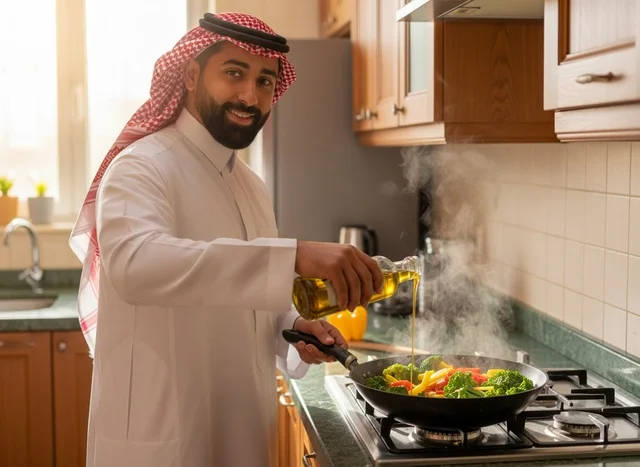 Saudi Man in Traditional Thobe Cooking in Home Kitchen