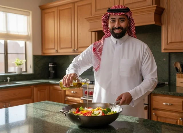 رجل سعودي يطهو الخضروات الطازجة في مطبخ حديث