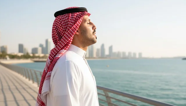 رجل سعودي بالثوب التقليدي على الواجهة البحرية