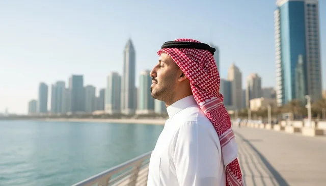 Saudi Man with City Skyline in Traditional Attire