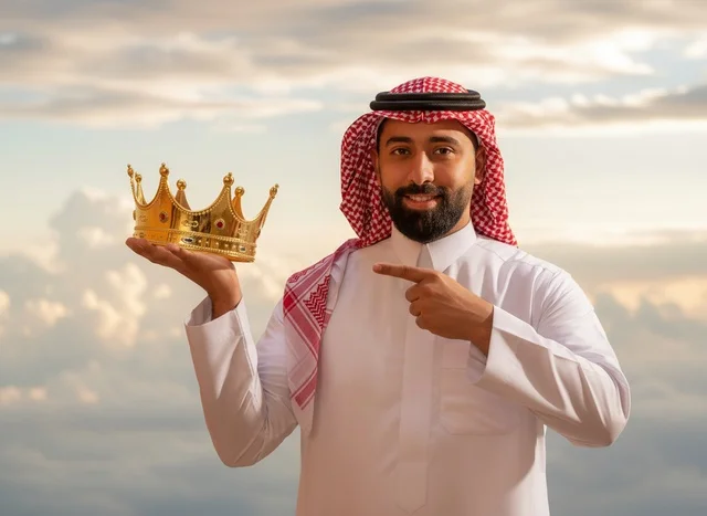 Saudi Man in Traditional Dress Holding a Gold Crown