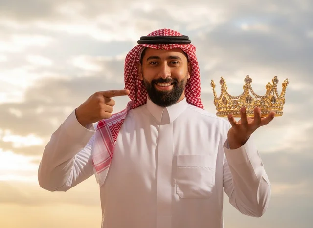 رجل سعودي بالزي التقليدي يمسك تاجاً ذهبياً