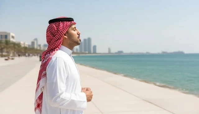 Saudi Man in Traditional Thobe on Coastal Corniche