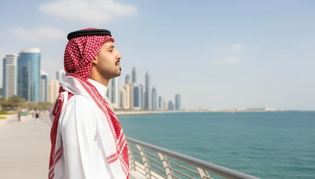 رجل سعودي باللباس التقليدي على واجهة دبي البحرية