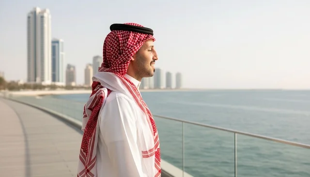Saudi Man at Waterfront with City Skyline