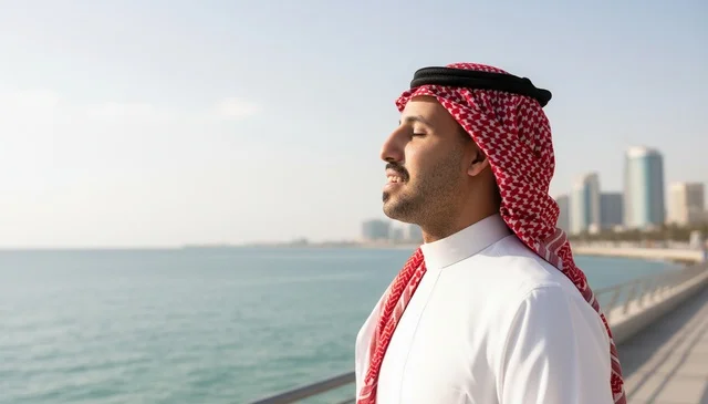 رجل سعودي بالزي التقليدي على الواجهة البحرية للمدينة