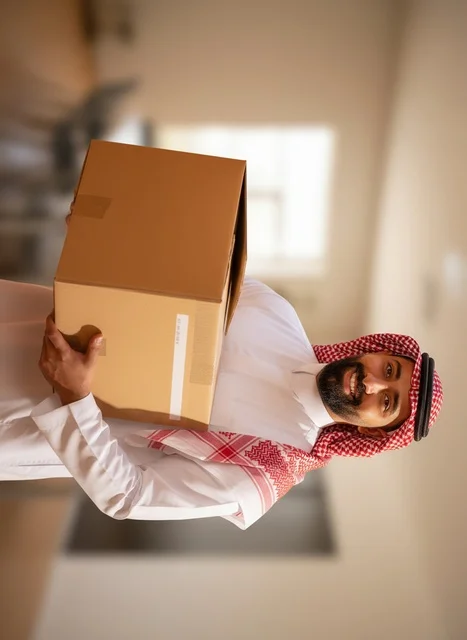 Saudi Man in Traditional Thobe Holding Delivery Box