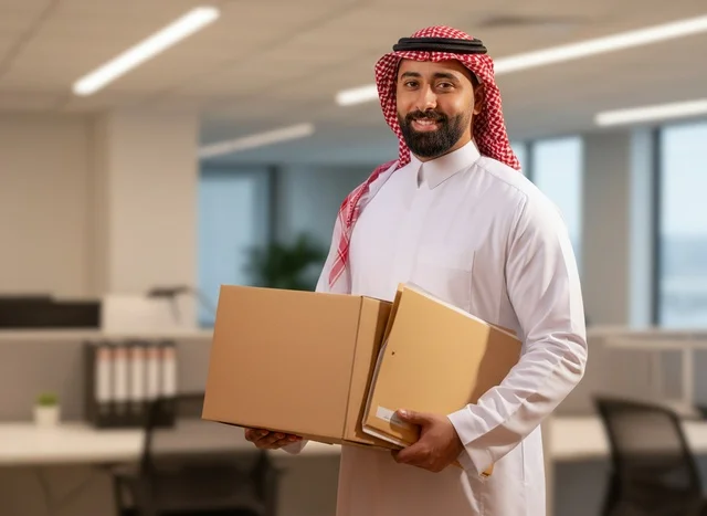 رجل أعمال سعودي يحمل صندوقاً في مكتب حديث