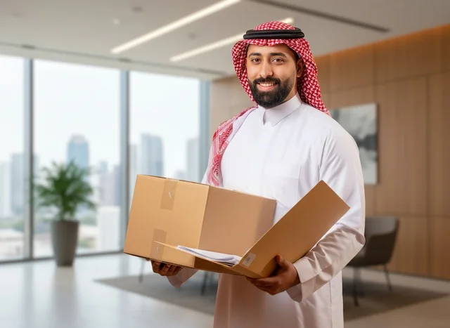 Saudi Professional Man Holding Delivery Box in Modern Office