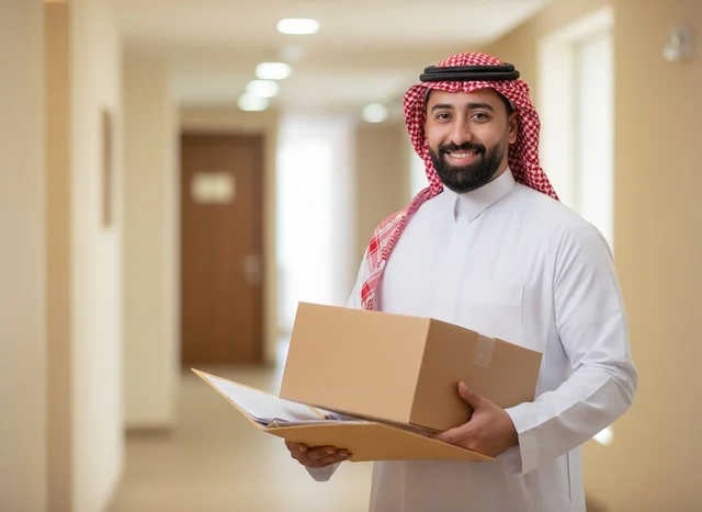 رجل أعمال سعودي يحمل صندوقاً وملفاً في المكتب
