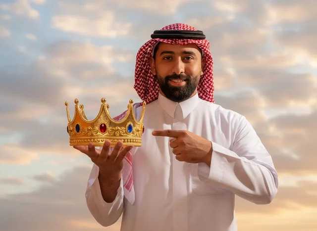 Saudi Man Holding Golden Crown at Sunset